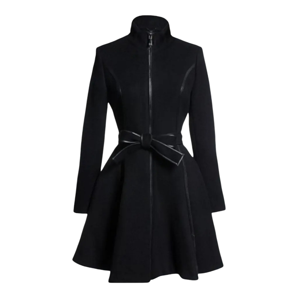 Dawn Levy Fergie black wool flare full zip belted coat jacket size S